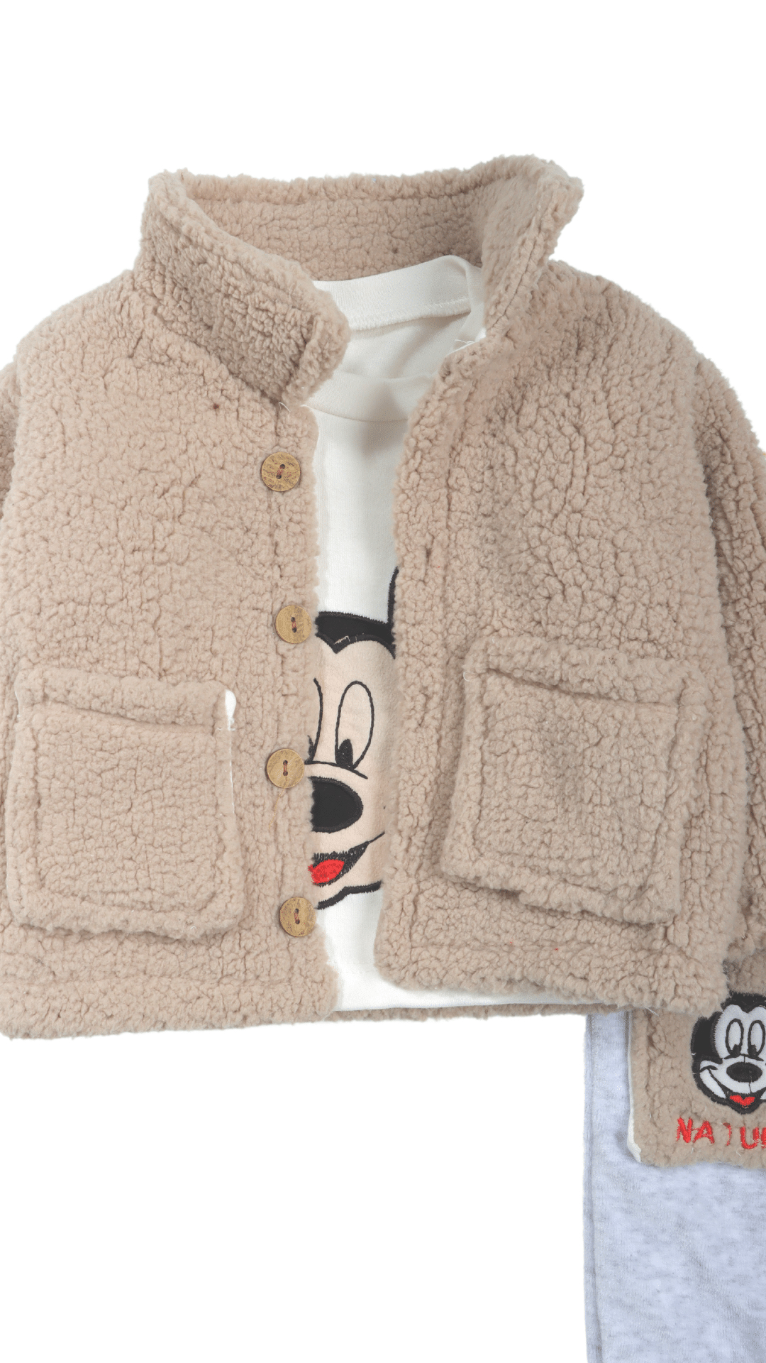 Rayan Mickey Mouse Peluşlu Kız Bebek 3lü Takım Krem