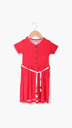 Betu Puantiyeli Kız Çocuk Elbise Kırmızı