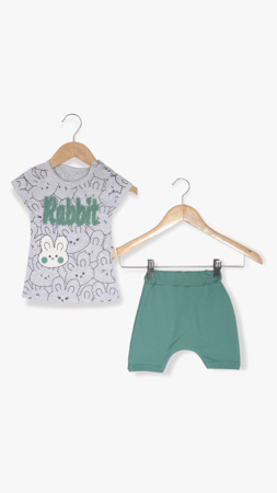 Beyaz Rabbit Süzüneli Kız Bebek İkili Takım Yeşil