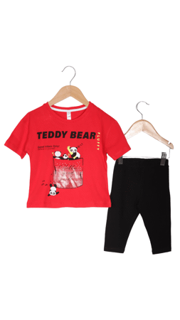 Difa Teddy Bear Baskılı Kız Çocuk İkili Takım Kırmızı