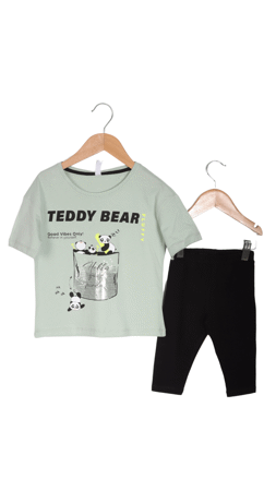 Difa Teddy Bear Baskılı Kız Çocuk İkili Takım Su Yeşili