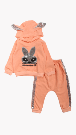 Mini Pakel Kız Bebek Pullu Tavşan Nakışlı İkili Takım Somon