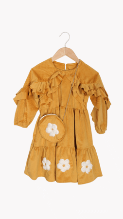 Miniera Kız Çocuk Papatya Çantalı Kadife Elbise Kahverengi