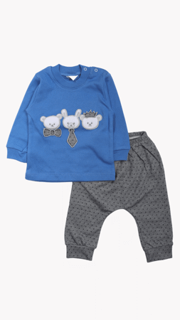 Nurhas Üç Kafadar Nakışlı Erkek Bebek İkili Takım Mavi