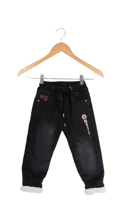 Ridayen Erkek Çocuk N5 Baskılı Peluşlu Kot Pantolon Siyah-Kırmızı