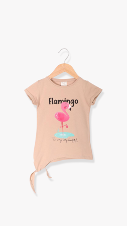 Roya Flamingo Baskılı Yandan Bağlamalı Kız Çocuk Tişört Bej