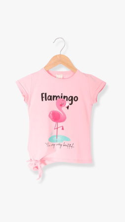 Roya Flamingo Baskılı Yandan Bağlamalı Kız Çocuk Tişört Pembe