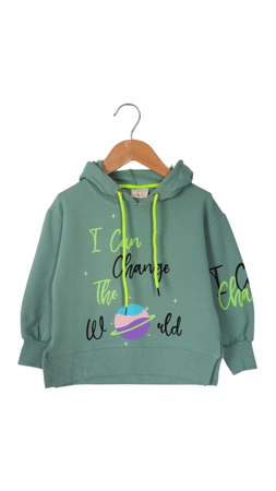 Roya I Can Change Baskılı Kız Çocuk Kapşonlu Sweatshirt Su Yeşili