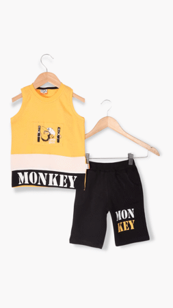 Yavrucak Monkey Baskılı Erkek Çocuk İkili Takım Sarı